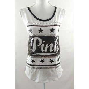 Pink Womens Top Sz XS Beaded Sequins Sleeveless White Black Victoria Secret